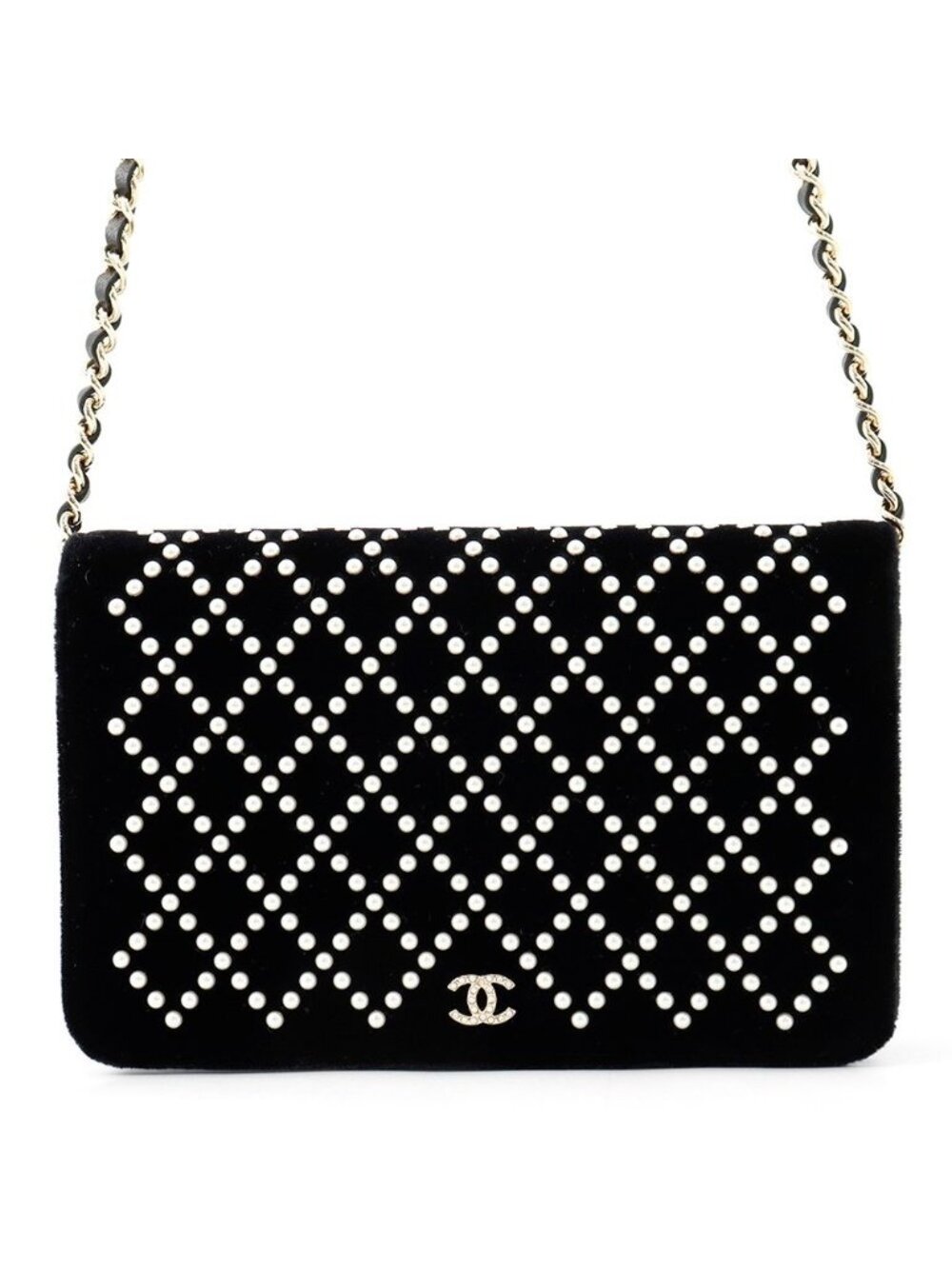 Chanel Chain Wallet CC Logo Faux Pearl Velour Black Shoulder Bag